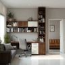 Home Office Design with Teak Storage Wall and Wide Work Desk