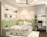 Pastel Kids Bedroom Design with Scalloped Headboard, Built-In Desk and Study Unit