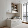Compact Kids Bedroom Design with Daybed with Pull-Out Storage and Overhead Cabinets