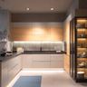 U-Shaped Kitchen Design with Wood Textures, Granite Countertop and Glass Shelves