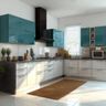 L-Shaped Kitchen Design with Grey Cabinets and Wine Storage