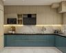 U-Shaped Kitchen Design with Granite Countertop and Shore and Teak Cabinets
