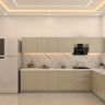 L-Shaped Kitchen Design with Cream Suede Finish Cabinets and Quartz Countertop