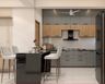 Open Kitchen Design with Island Seating, Grey and teak Cabinets and Granite Countertop