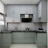 Metallic Silver Blue Cabinets U-Shaped Kitchen Design with Granite Countertop