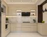 Irish Cream U-Shaped Kitchen Design with Glass Cabinets and Breakfast Seating Countertop