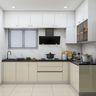 White and Cream L-Shaped Kitchen Design with Glossy Cabinets