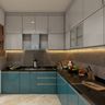 Teal Base L-Shaped Kitchen Design with Glass Cabinets
