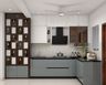 Modern Silver and White L-Shaped Kitchen Design with Beverage Station Storage