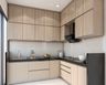 Wood-Finish Contemporary L-Shaped Kitchen Design with Dark Granite Countertop