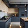 Island Kitchen Design with Blue-Grey Cabinets and Quartz Countertop