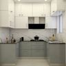 Modern Silver and White U-Shaped Kitchen Design with Marble-Look Backsplash