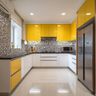 U-Shaped Kitchen Design with Glossy Yellow and White Cabinets and Granite Top