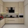 Champagne L-Shaped Kitchen Design with Glossy Cabinets and Granite Countertop