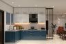 L-Shaped Kitchen Design with Quartz Countertop and Blue Cabinets