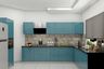 L-Shaped Kitchen Design with Patterned Backsplash and Teal Gloss Cabinets