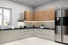 L-Shaped Kitchen Design with Glossy Champagne and Matte Teak Cabinets