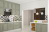 L-Shaped Kitchen Design with Sage Green Cabinetry, Patterned Backsplash and Quartz Counter