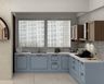 L-Shaped Kitchen Design With Blue Cabinets, Quartz Top And Patterned Tiles