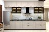 Classic Parallel Kitchen Design with Glass Cabinets and Stone Backsplash