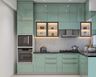 Mint Green Modern L-Shaped Kitchen Design with Glass Display Niches