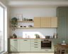 Open Kitchen Design With Sage Green Cabinets and Wood Top