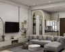 Living Room Design with Grey L-Shaped Sectional Sofa and Floating TV Unit