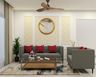 Living Room Design with Grey Sofas, Red Cushions and Glass-Top Center Table