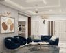 Living Room Design with Navy 3-Seater Sofa and Marble Coffee Tables