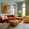 Living Room Design with Burnt Orange Sectional Sofa and Yellow Accent Armchair