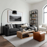 Living Room Design with Grey Sofa, Leather Ottoman and Open Metal Shelving