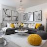 Living Room Design with Grey Sectional Sofa, Round Center Table  and Yellow Pouf