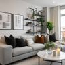 Modern Living Room Design with Grey Sectional Sofa and Tall Shelving