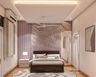 Master Bedroom Design with Mauve Slatted Wall Paneling and Botanical Wall