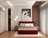 Master Bedroom Design with Red Velvet Bed and Built-in Open Shelving