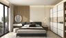Master Bedroom Design with Low-Profile Bed, Slatted Feature Wall and Sliding Wardrobes