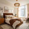 Guest Bedroom Design With Velvet Headboard Queen Bed, Accent Chairs and Chest of Drawers