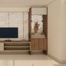 Pooja Room Design Featuring Vertical Slats and Glass Display Shelves