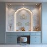 Light Blue Modern Pooja Room Design with Carved Arch and Storage