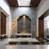 Grey Marble Texture Wall Modern Pooja Room Design with Pendant Lights
