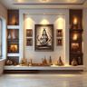 Contemporary Walnut Bronze Pooja Room Design with Arched LED Niche
