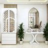 Floor Mounted White Classic Pooja Room Design with CNC Carved Doors