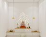 White and Wood Pooja Room Design with Embossed Om Backdrop and Bench Storage