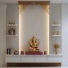 White and Wood Contemporary Pooja Room Design with Gold Filigree