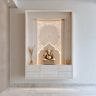 Minimal Ash Wood Wall Mounted Pooja Room Design with Jaali Arch