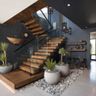 L-Shaped Staircase Design with Wooden Steps and Glass Railings