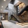 L-Shaped Staircase Design Blending Wood, Glass and Metal Materials