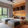 Space Saving Bedroom Design with Under Bed Storage and Headboard Shelving