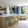 Space Saving Kitchen Design With Lilac Island And Blue Cabinets