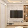 Grey TV Unit Design with Sculptural Shelving Tower and Stone Backdrop